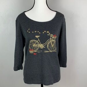 Karen Scott Apple Picking Bicycle Print Charcoal Top Gold Bicycle Motif